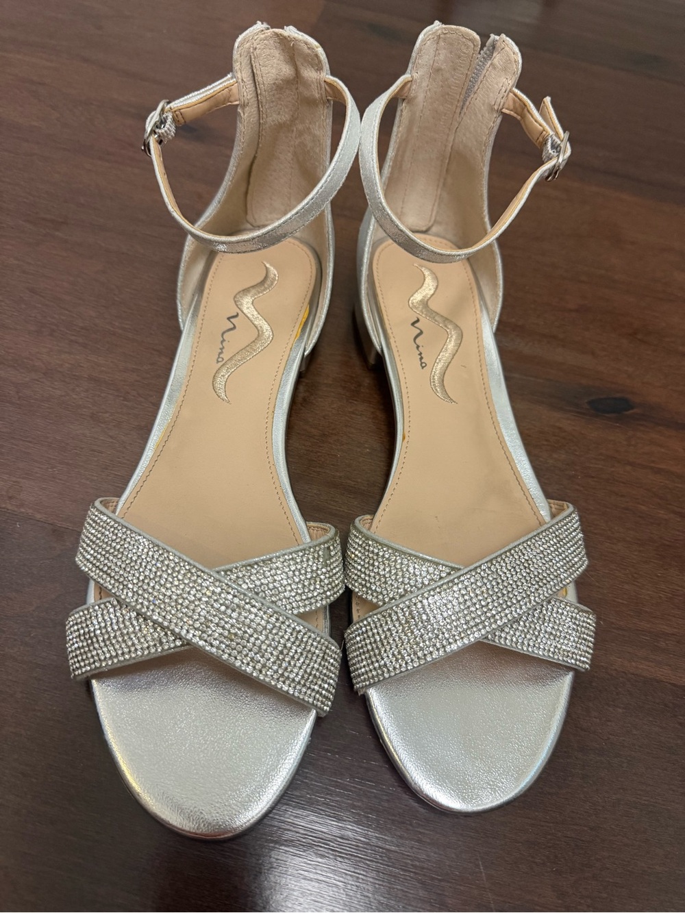 Nina Silver Metallic Rhinestone Cross-Strap Ankle Sandals